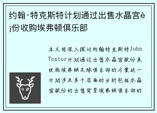 约翰·特克斯特计划通过出售水晶宫股份收购埃弗顿俱乐部 约翰·特克斯特计划通过出售水晶宫股份收购埃弗顿俱乐部